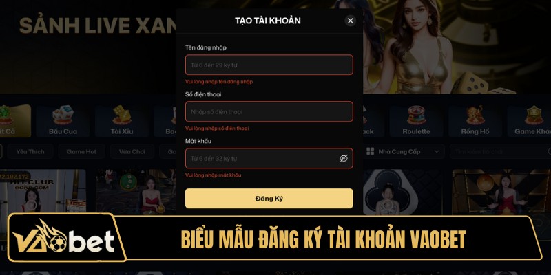 Biểu mẫu đăng ký tài khoản Vaobet